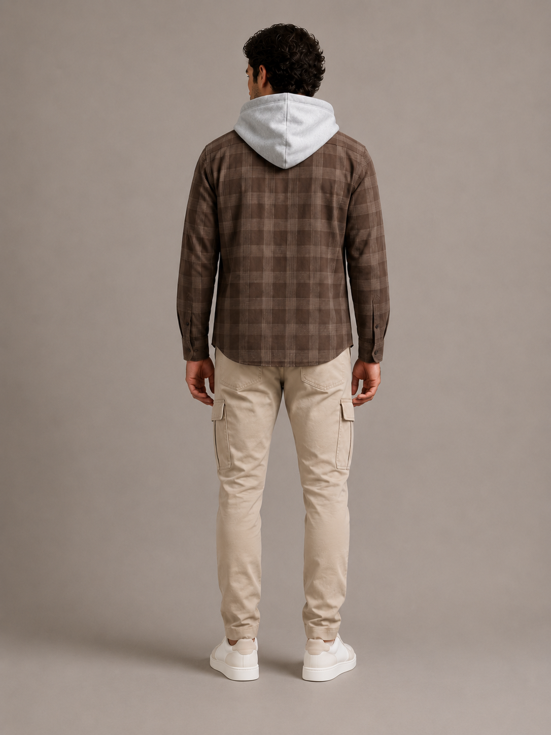 Men Brown Vintage Check Hooded Shirt