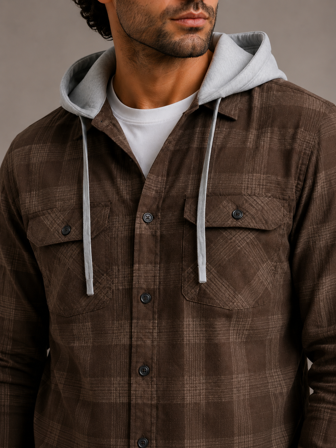 Men Brown Vintage Check Hooded Shirt