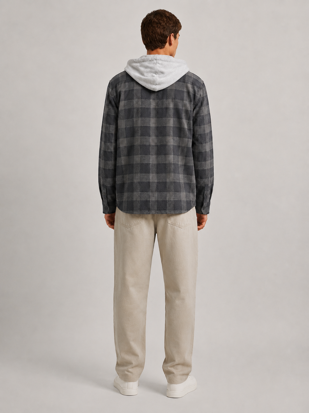Men Grey Street Check Hooded Shirt