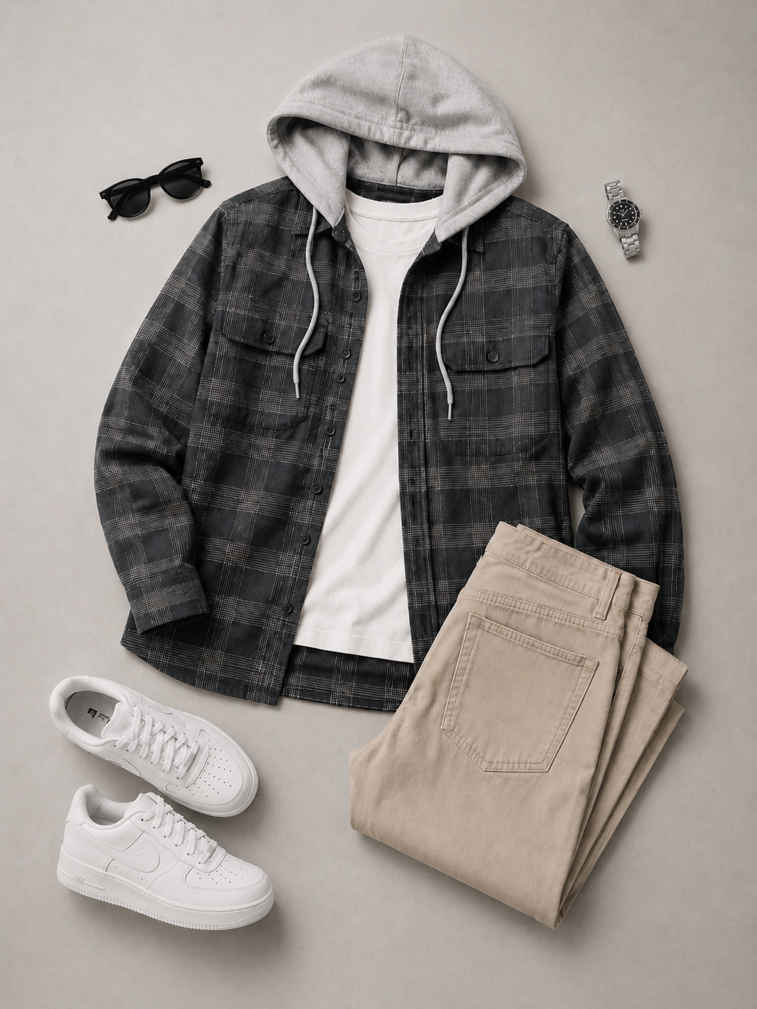 Men Grey Street Check Hooded Shirt