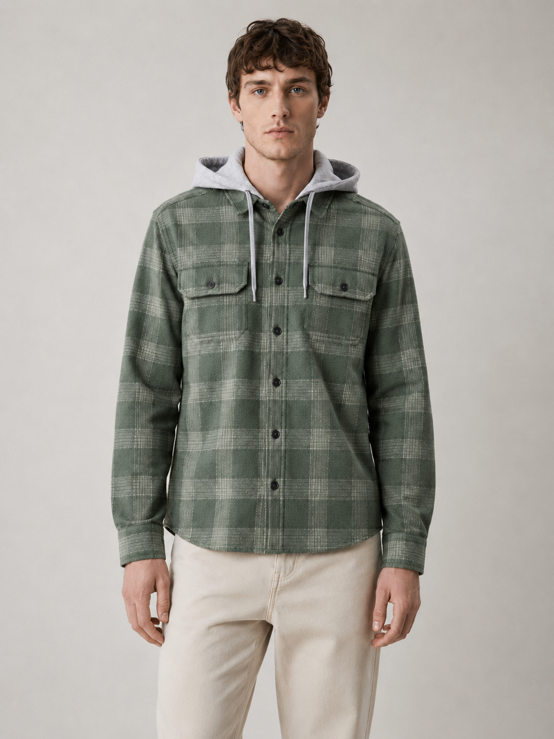 Men Olive Utility Check Hooded Shirt