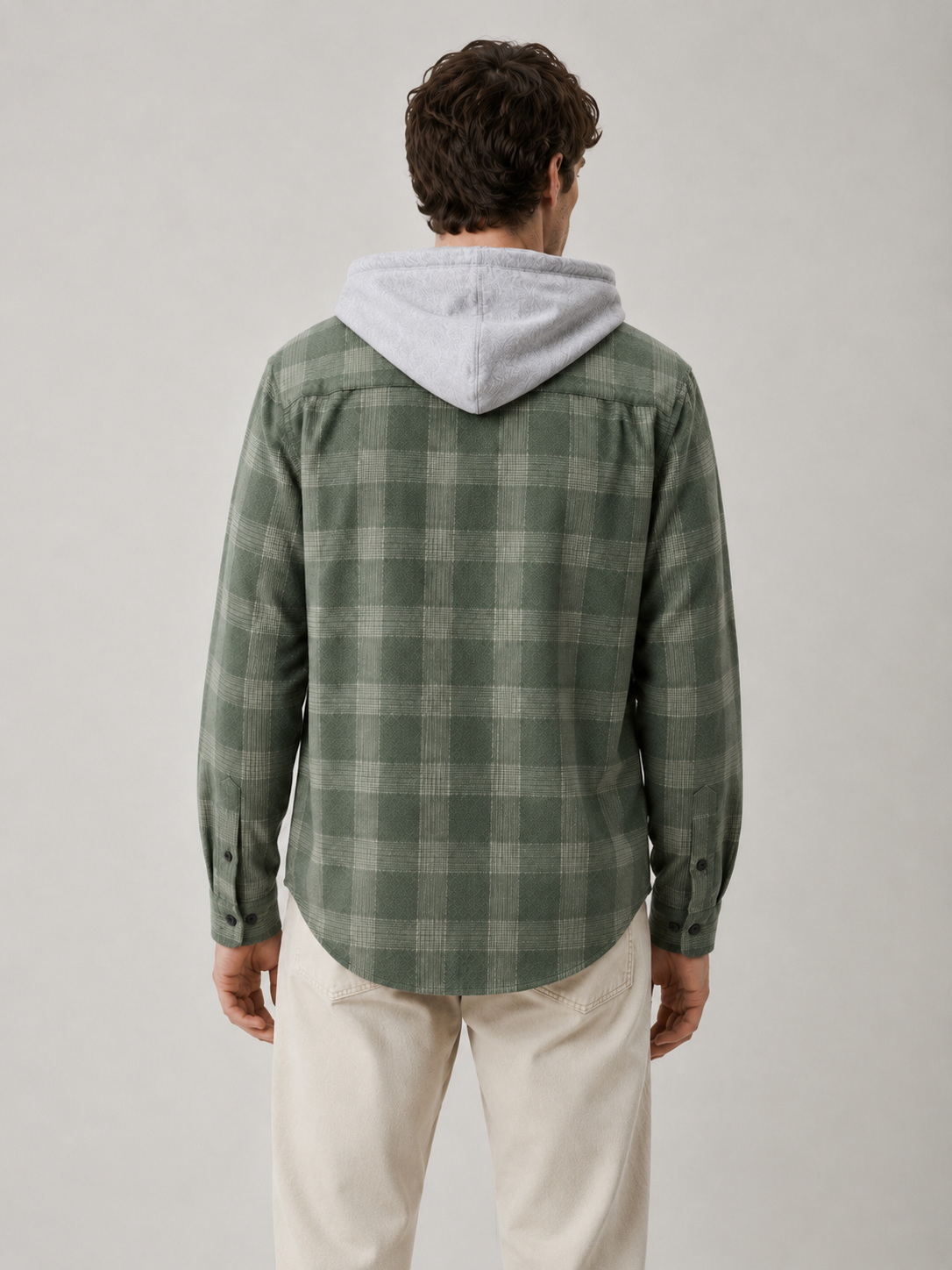 Men Olive Utility Check Hooded Shirt