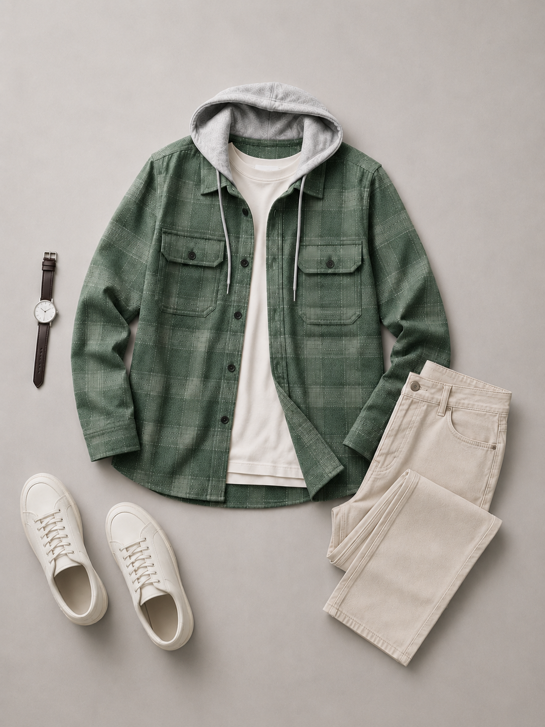 Men Olive Utility Check Hooded Shirt