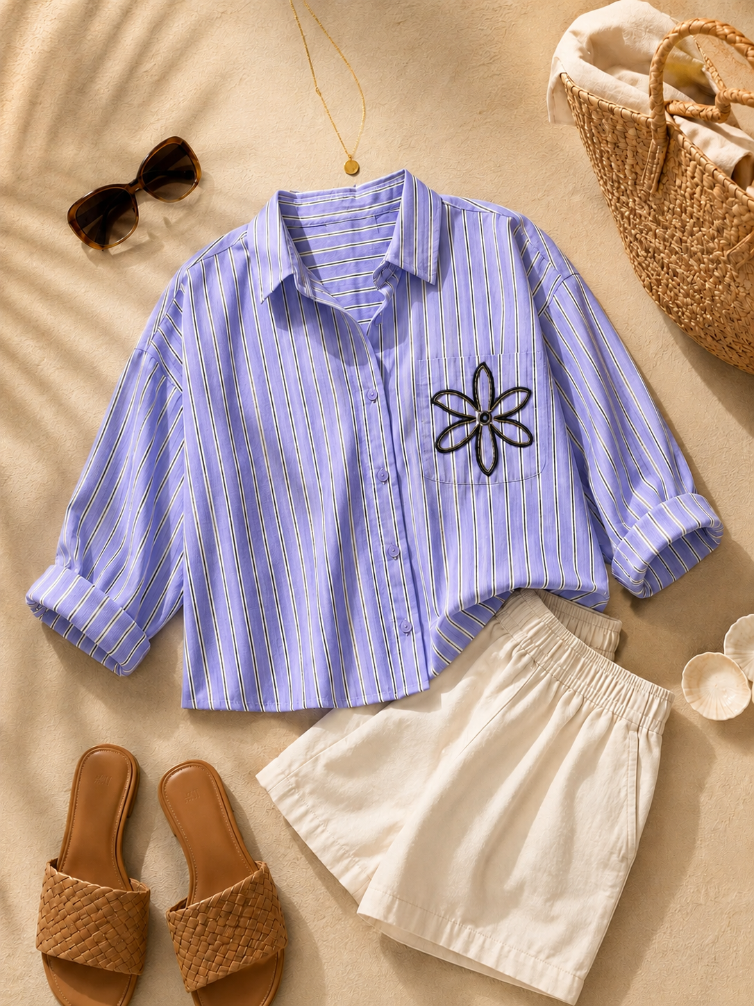 Women Lavender Stripe Embroidered Shirt