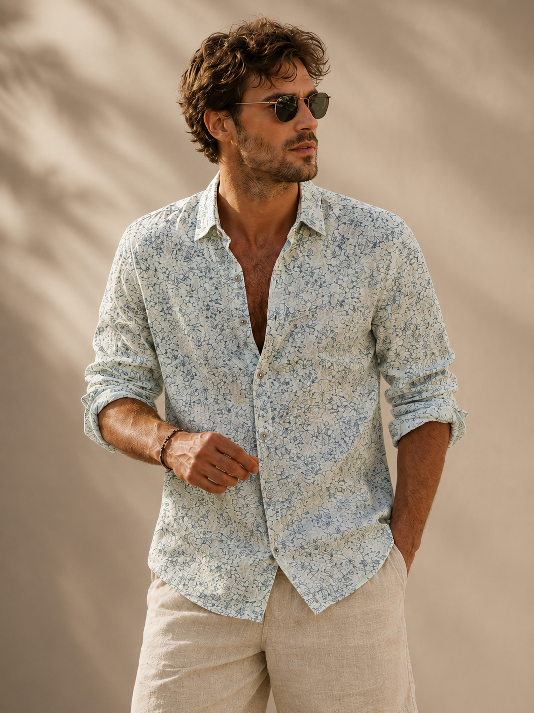 Men Green Floral Sketch Shirt