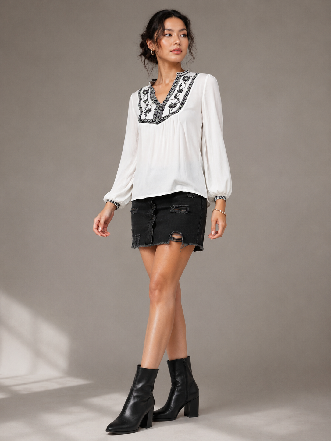 Women White Embroidered Yoke Top