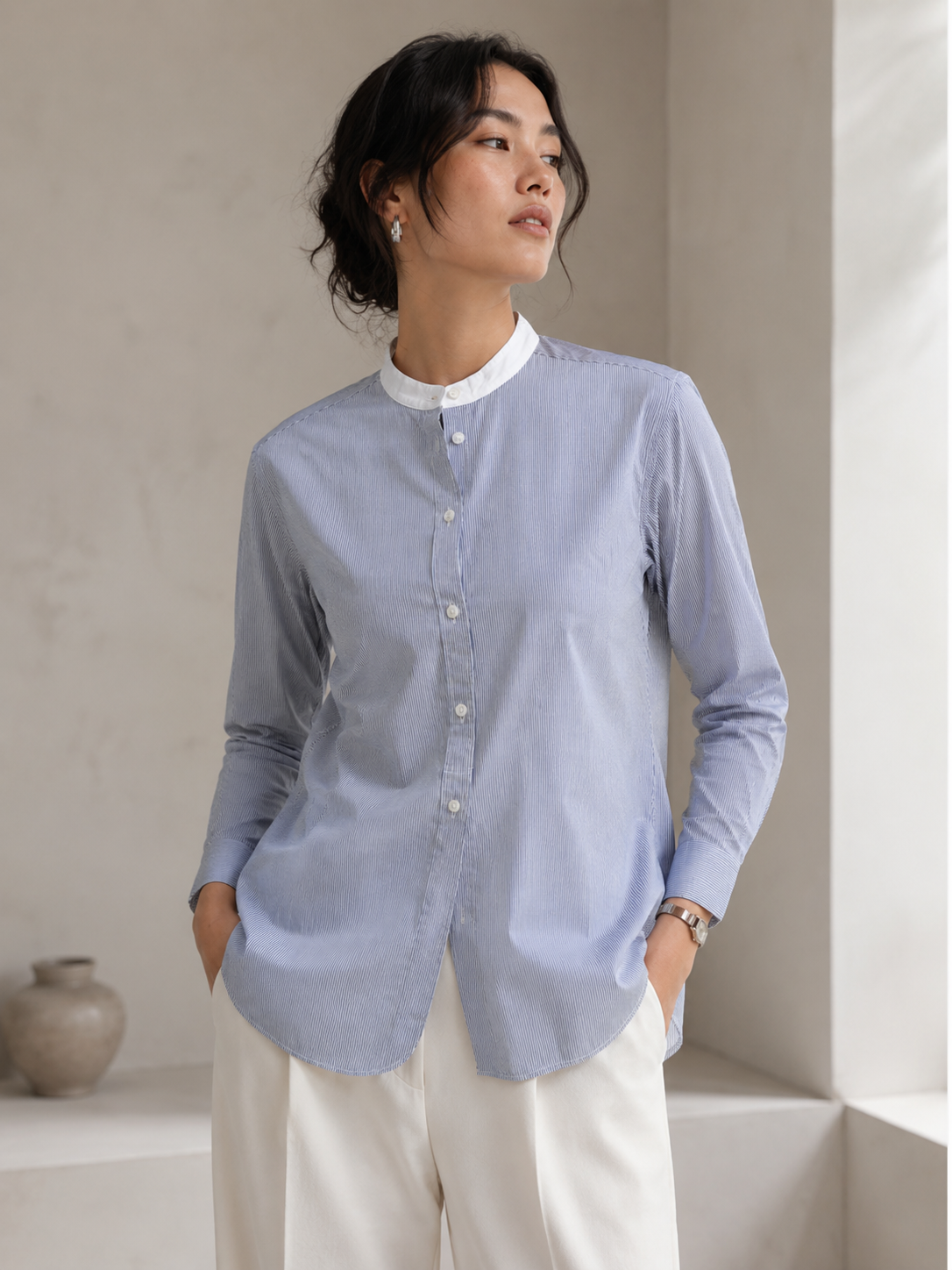 Women Blue Mandarin collar Shirt