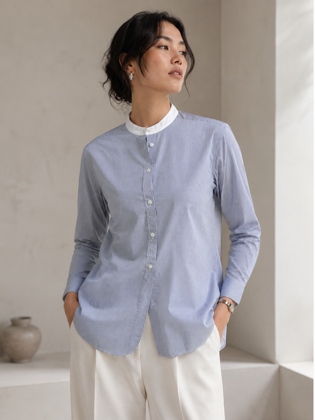 Women Blue Mandarin collar Shirt