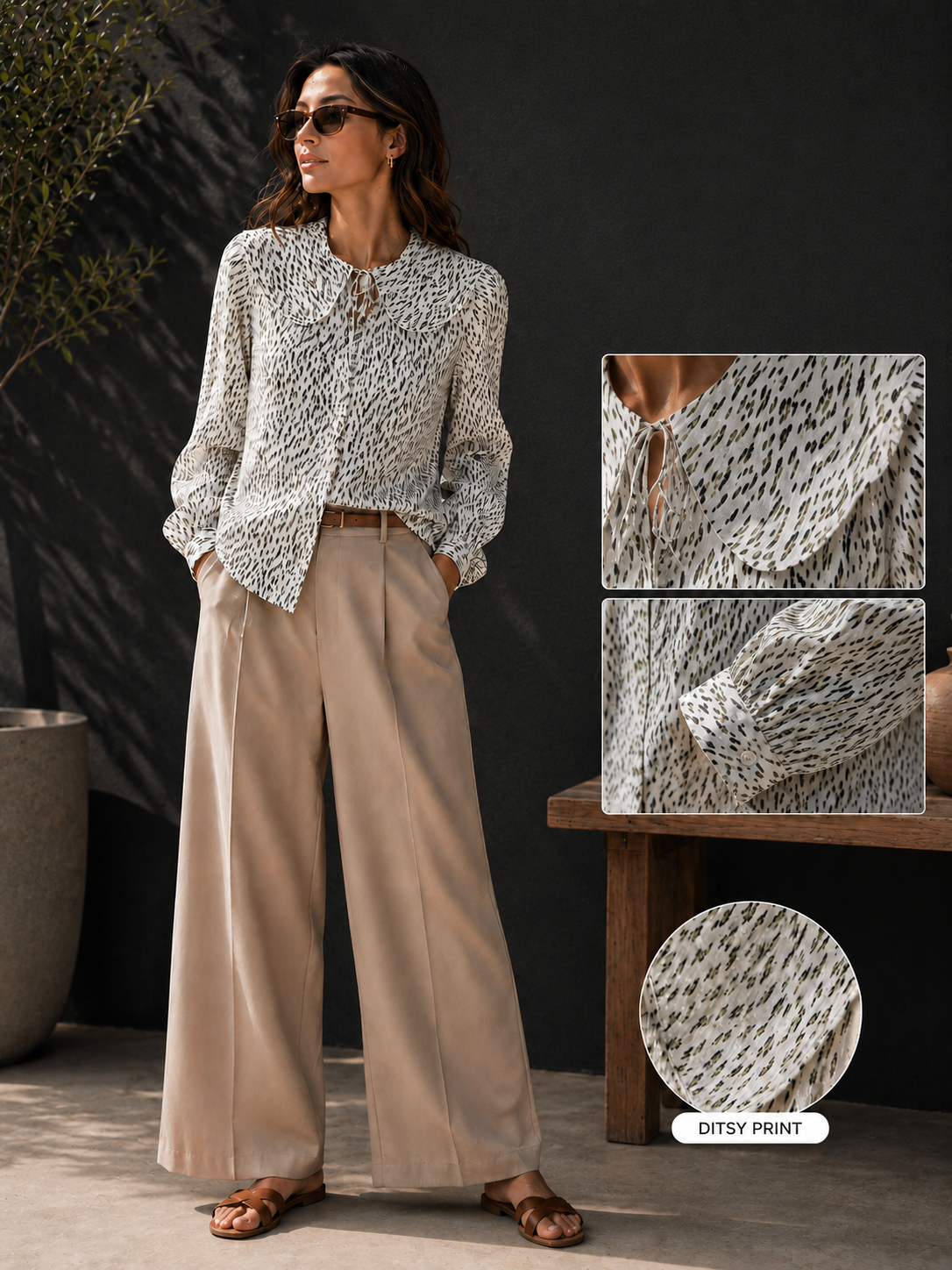 Women Ditsy Print Peter Pan Collar Shirt
