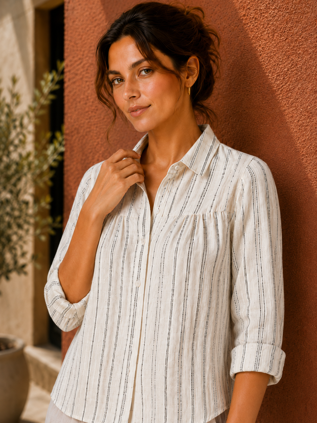 Women Beige Striped Yoke Detail Shirt