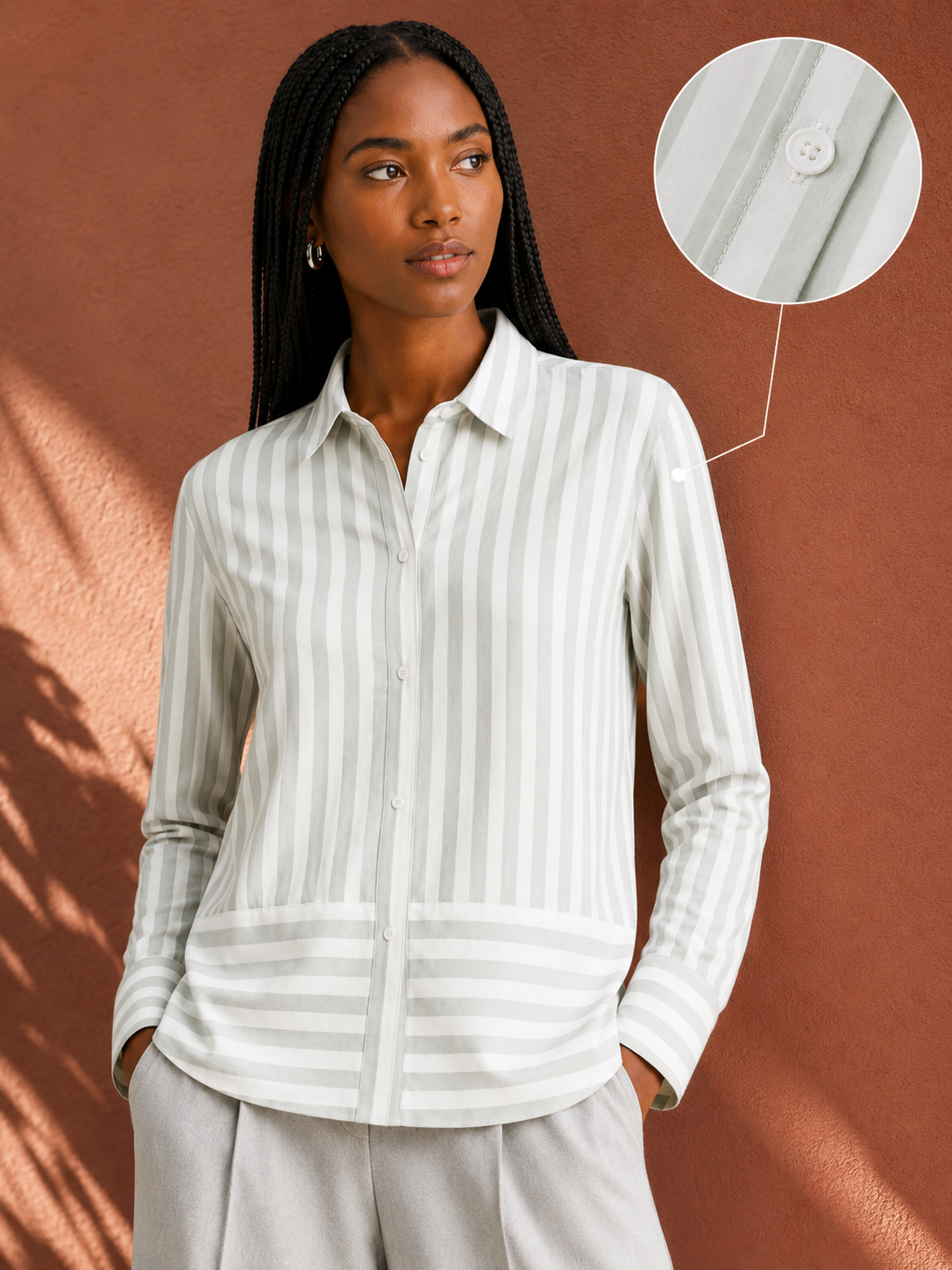 Women Mint Green Stripe Panel Detail Shirt