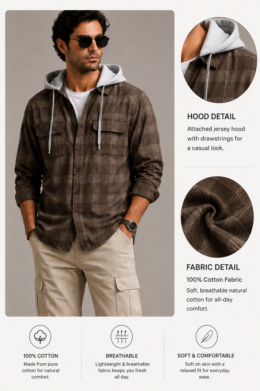 Men Brown Vintage Check Hooded Shirt