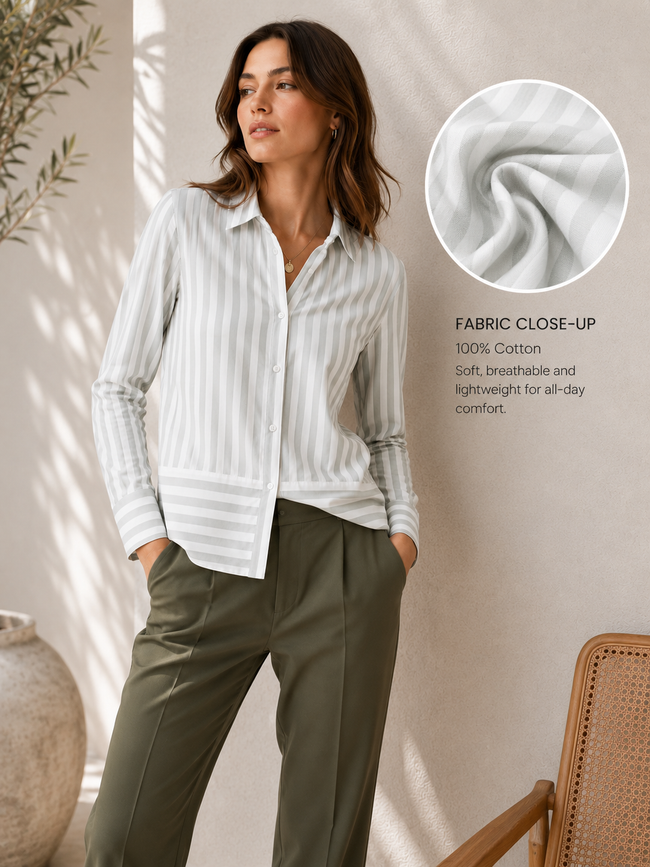Women Mint Green Stripe Panel Detail Shirt