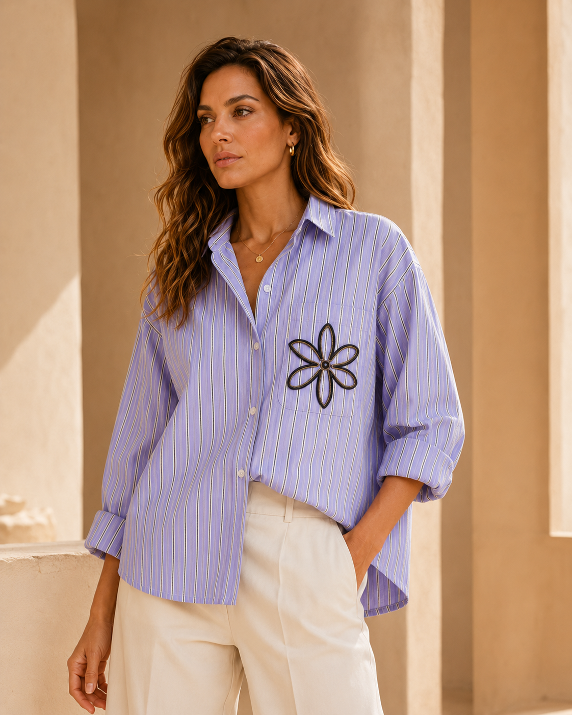 Women Lavender Stripe Embroidered Shirt