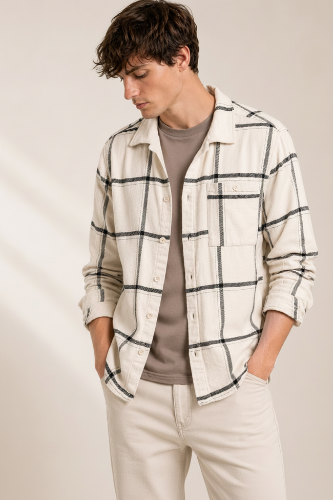 Men Summer Black Brushed Checkered Overshirt