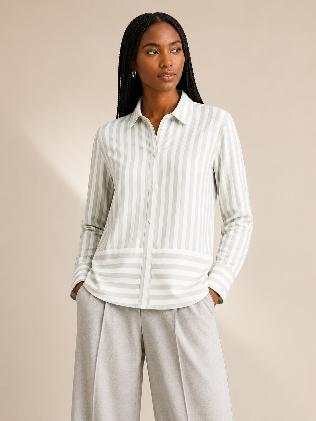 Women Mint Green Stripe Panel Detail Shirt