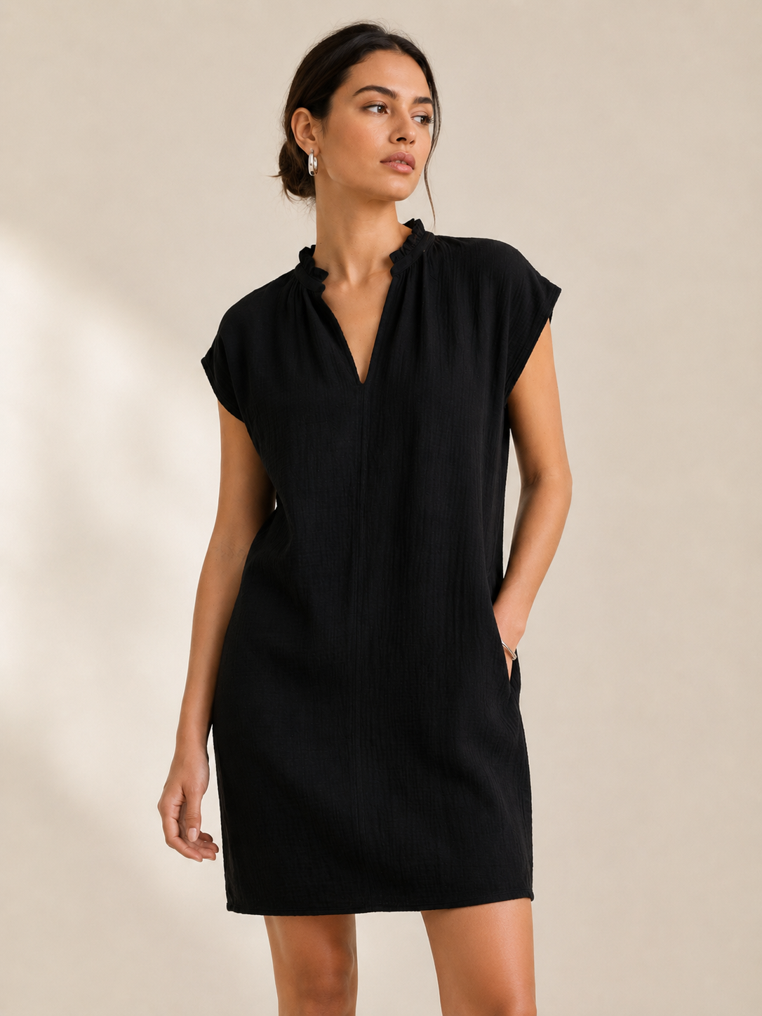Women Black Double Gauze Relaxed Dress