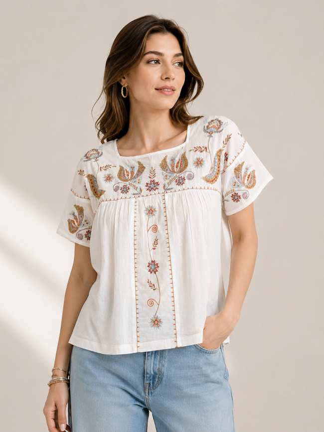 Women White Embroidered Relaxed Top