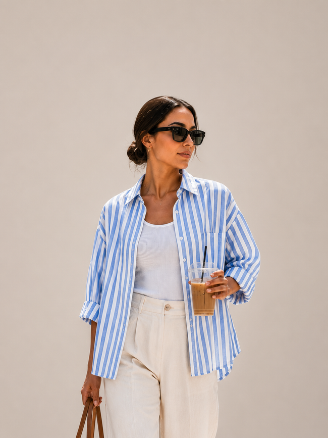 Women Blue Stripe Boxy Shirt