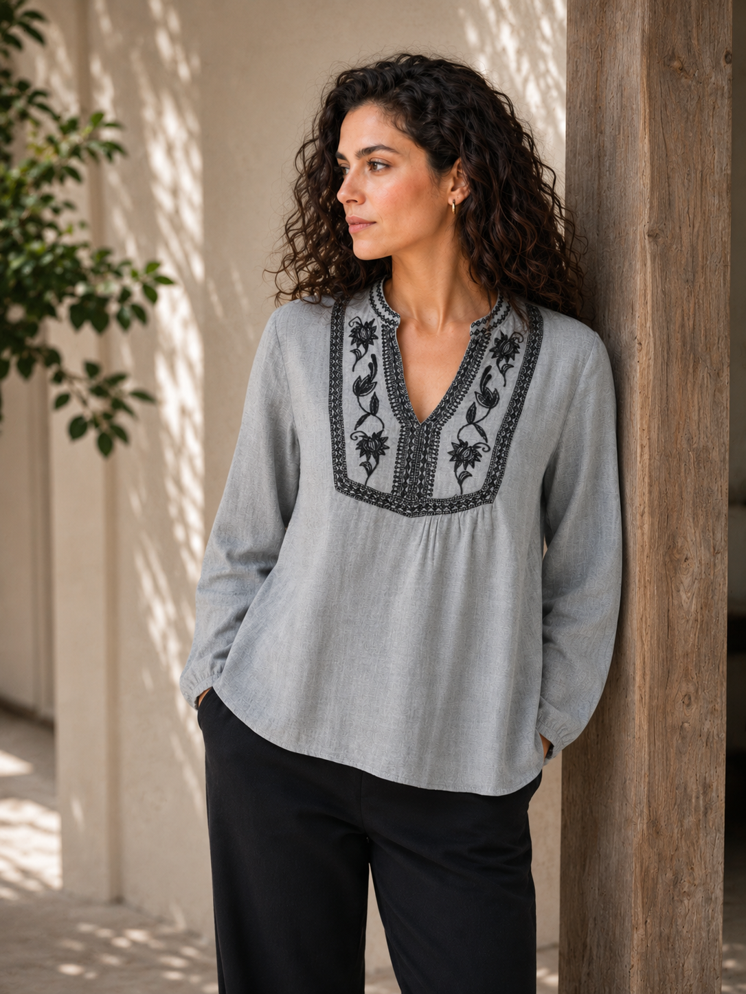 Women Grey Embroidered Yoke Top