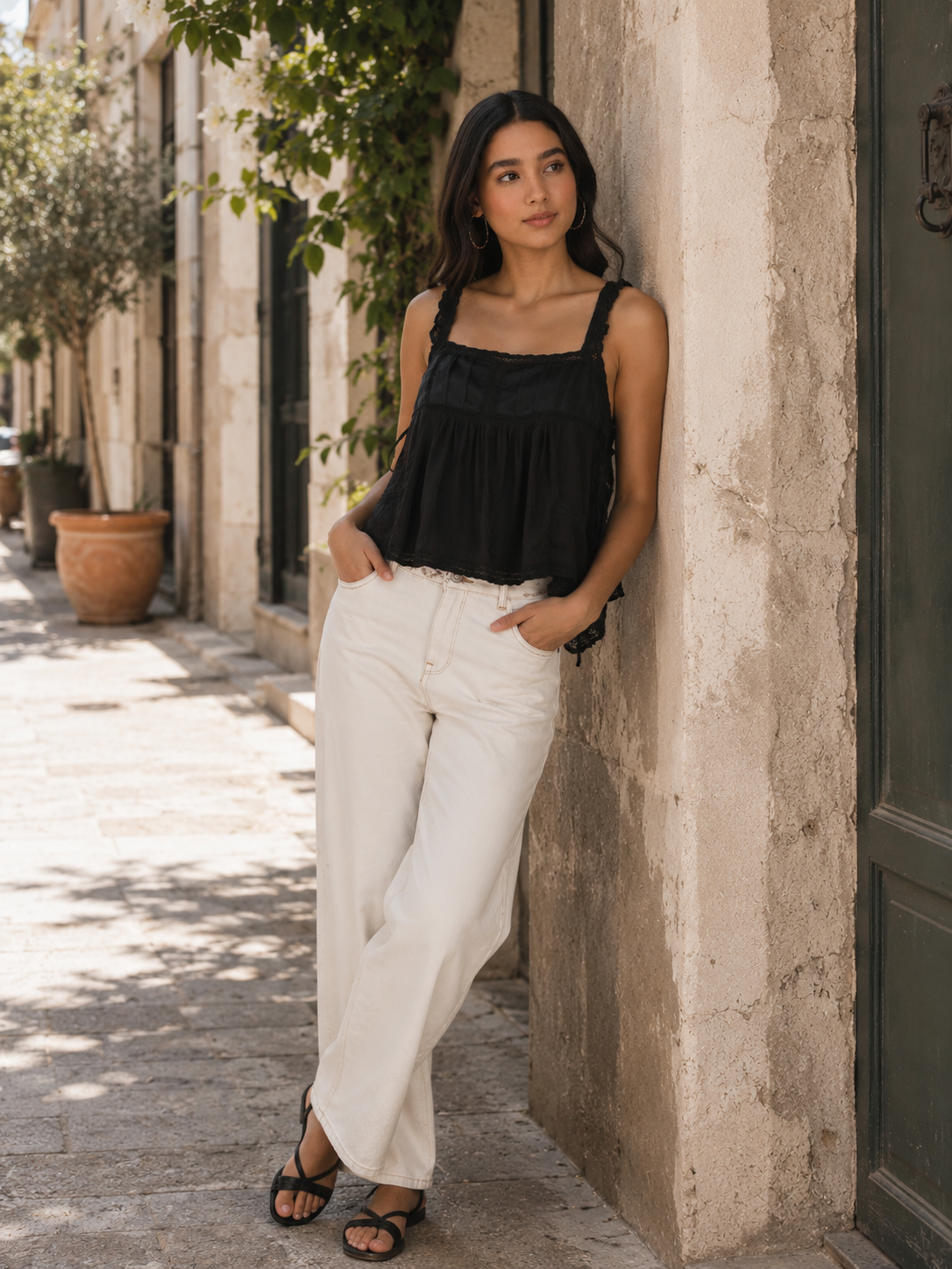 Women Black Satin Top with Lace Inserts