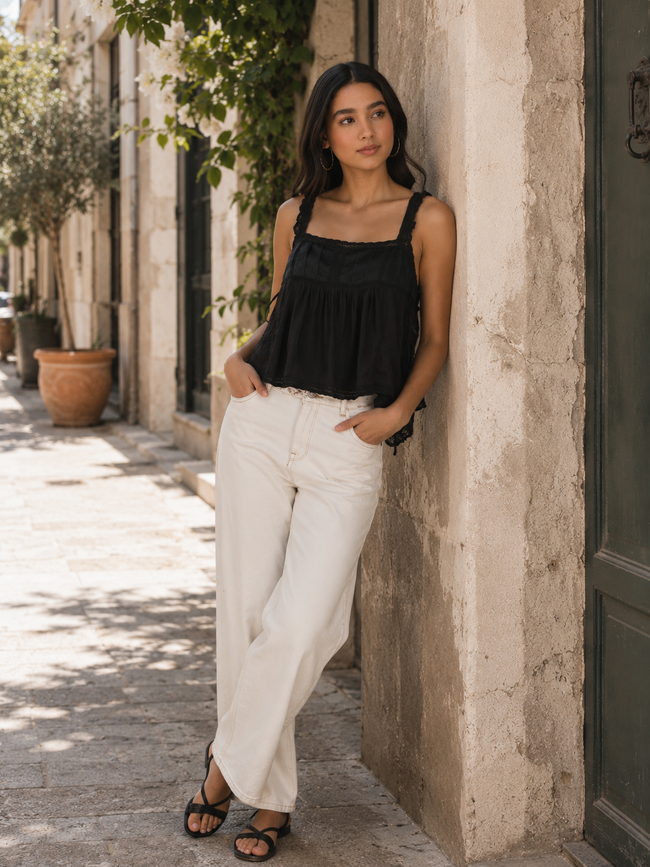 Women Black Satin Top with Lace Inserts