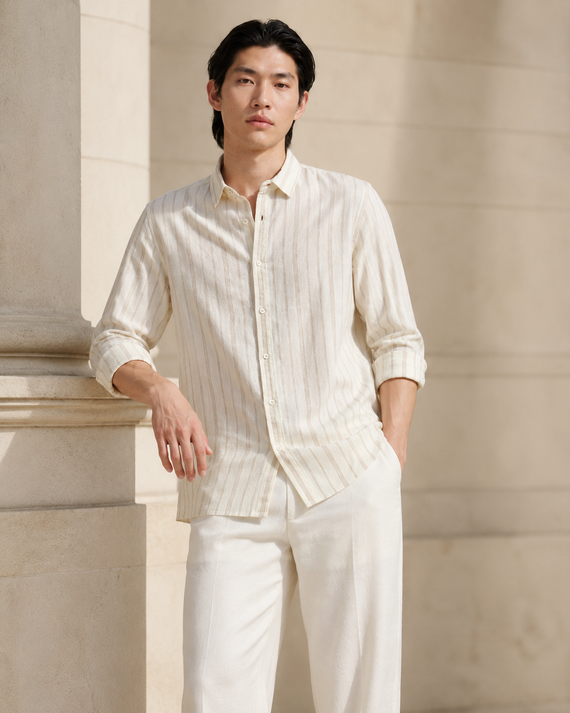 Men Beige Vertical Stripe Shirt
