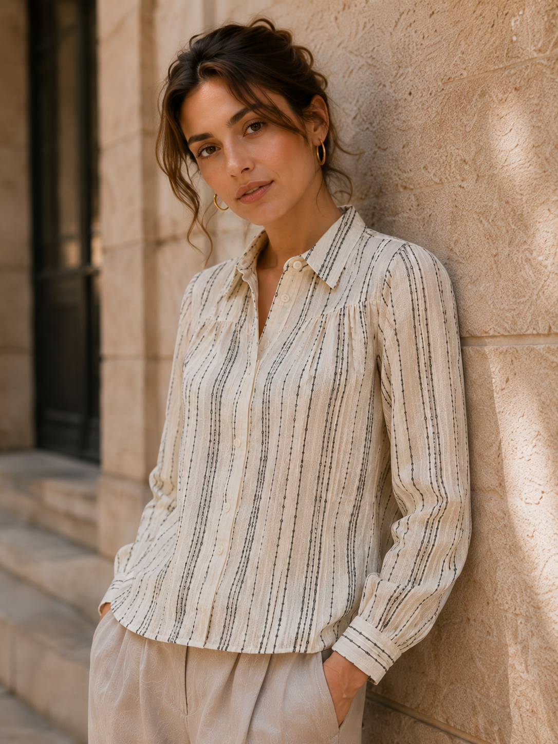 Women Beige Striped Yoke Detail Shirt