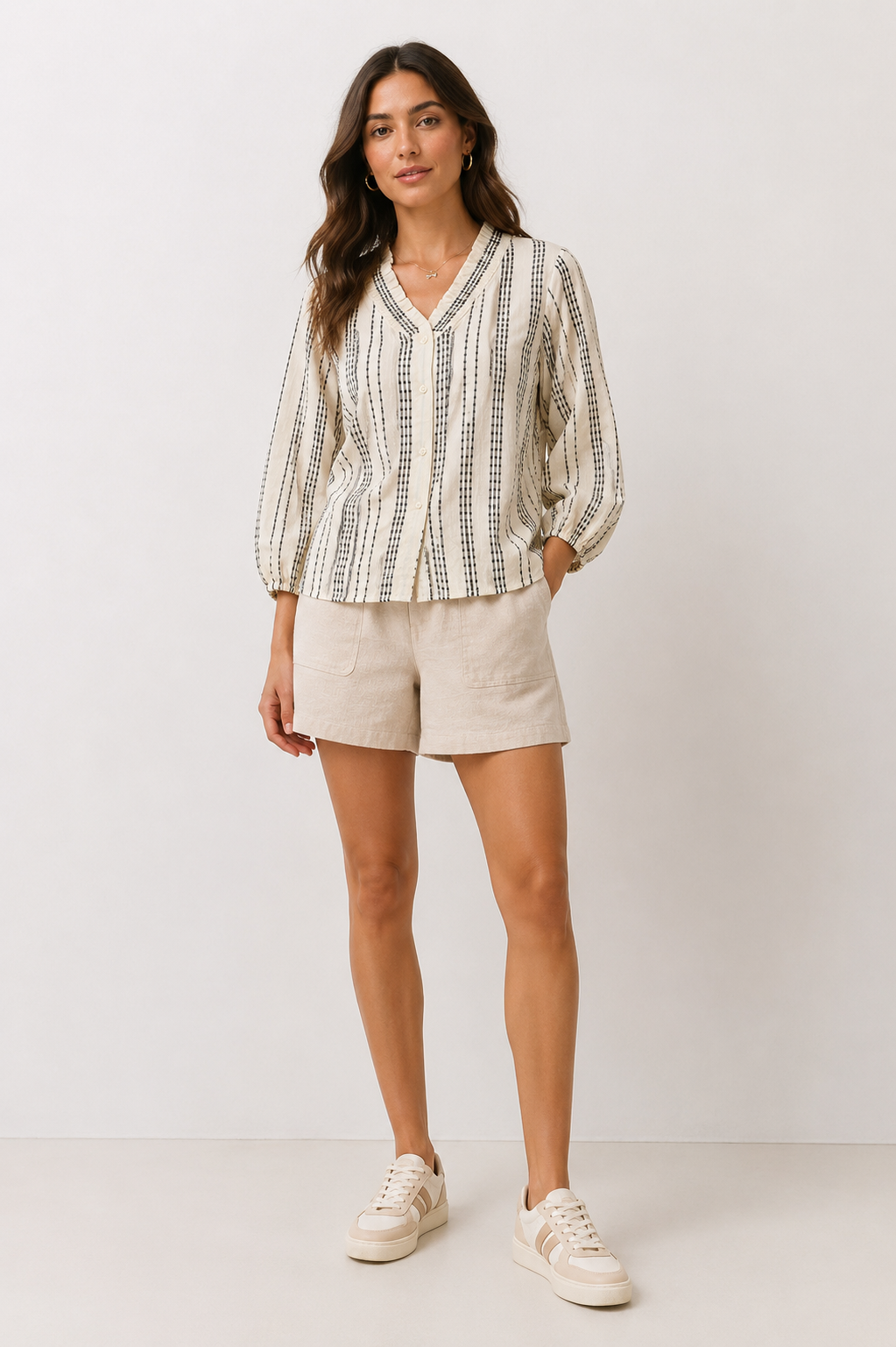 Women Textured Stripe Ruffle Collar Shirt