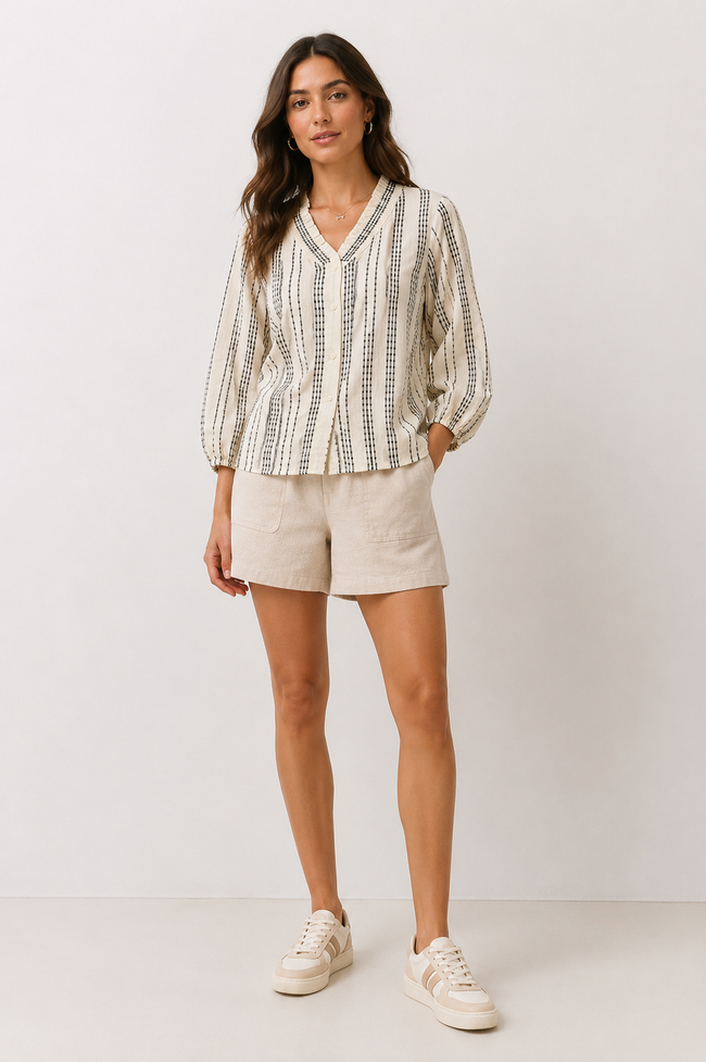 Women Textured Stripe Ruffle Collar Shirt