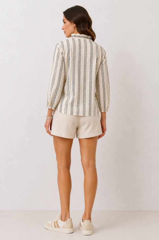 Women Textured Stripe Ruffle Collar Shirt