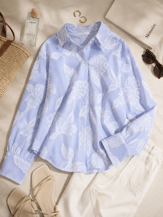 Women Modern Blue Floral Detail Shirt