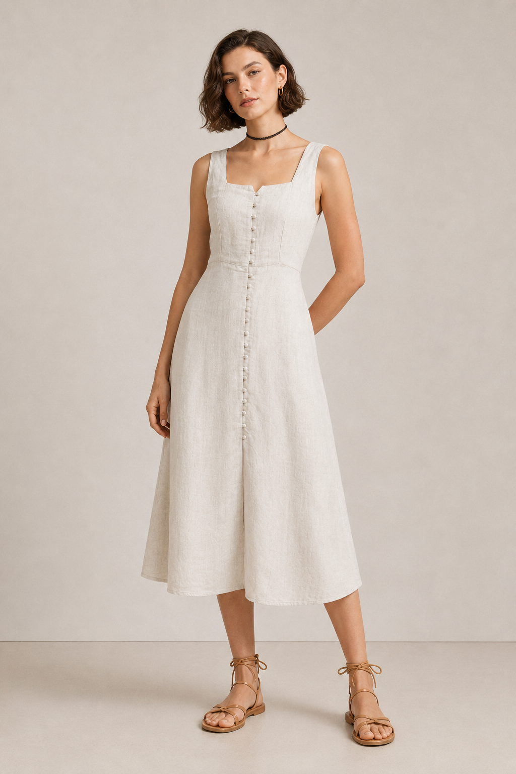 Women Beige Linen Blend Dress