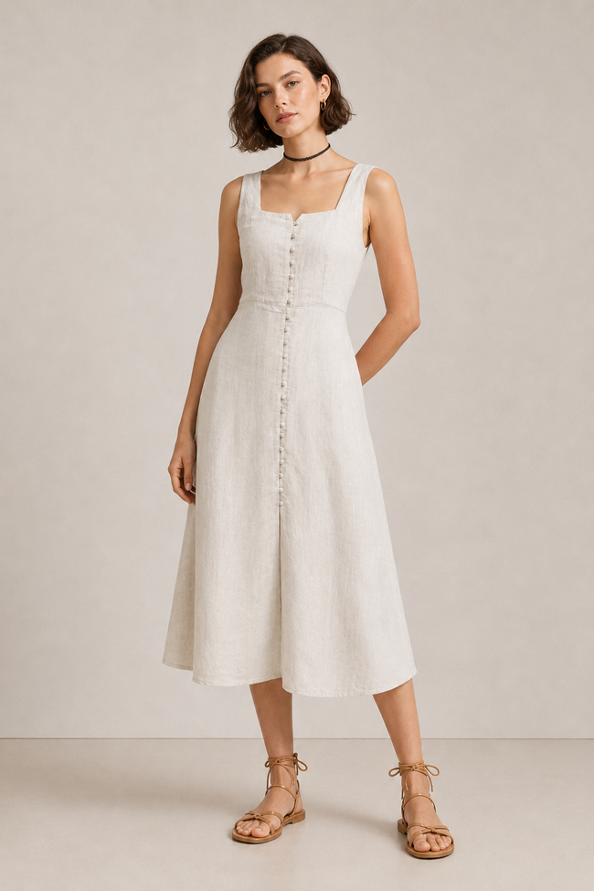 Women Beige Linen Blend Dress