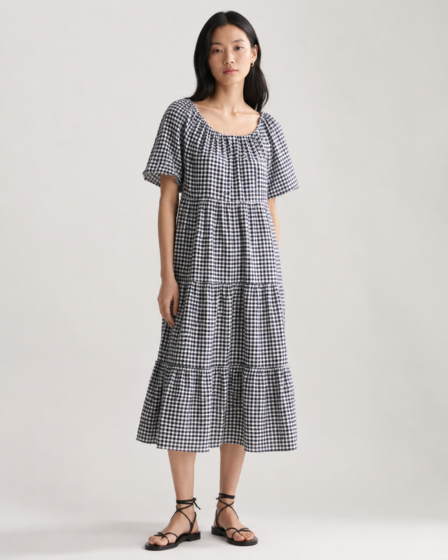 Women Gingham Check Tier Dress