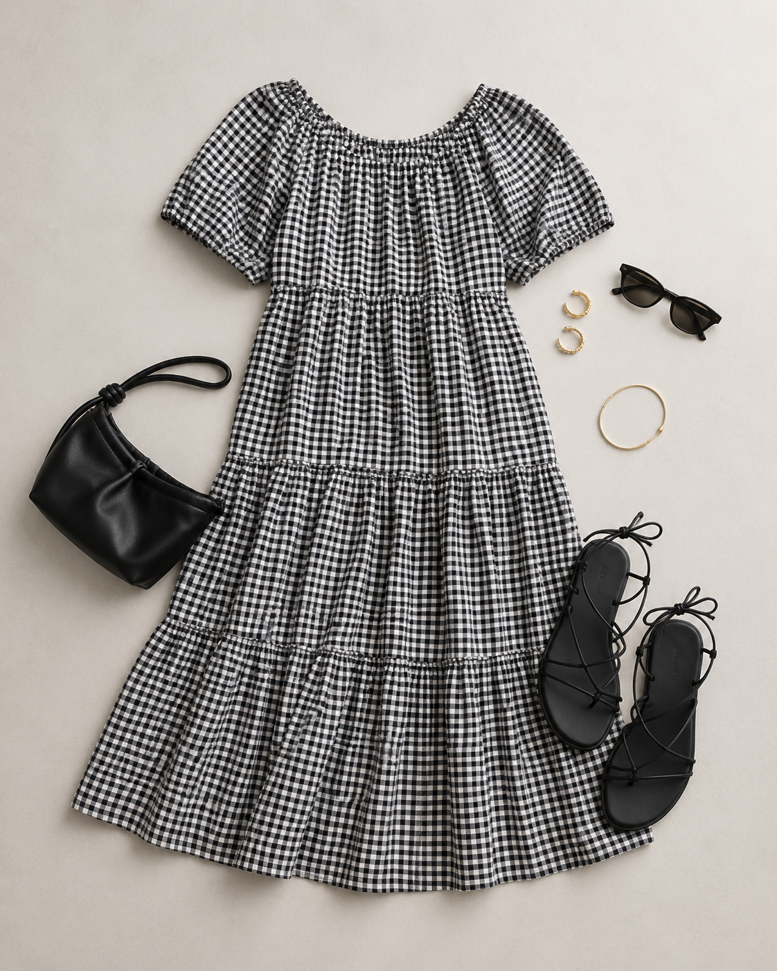 Women Gingham Check Tier Dress
