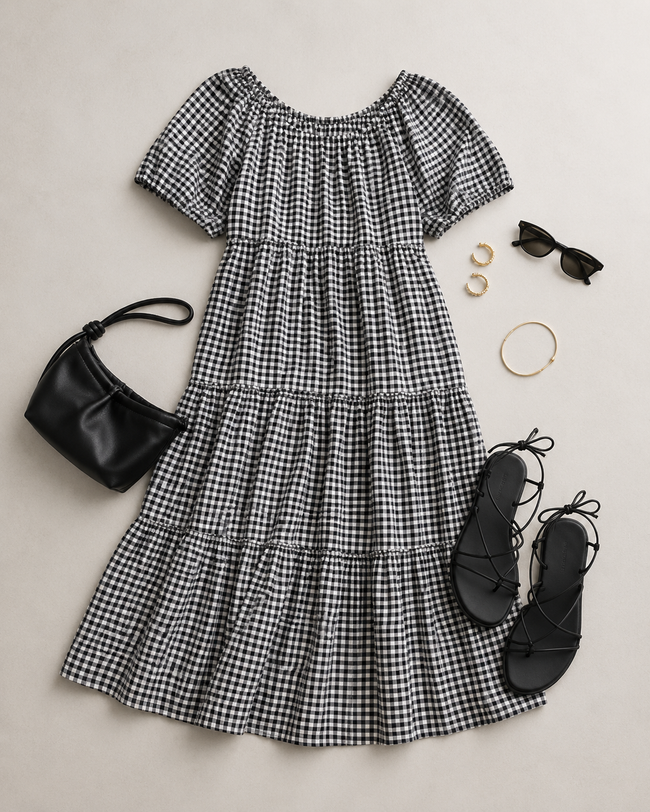 Women Gingham Check Tier Dress