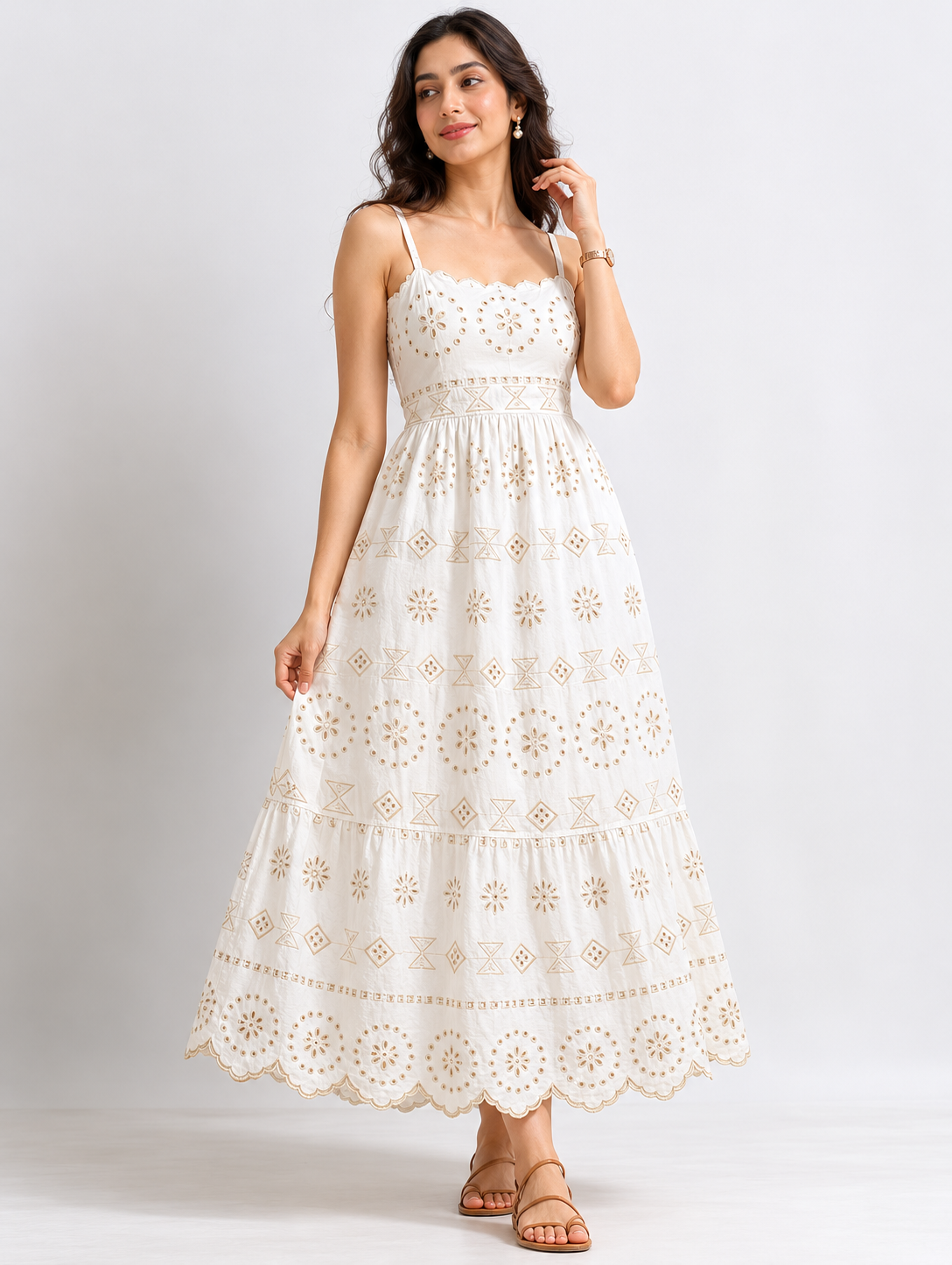 Women Schiffli Scallop Flared Dress