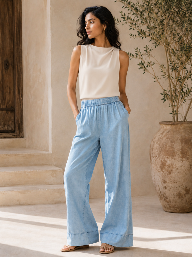 Women Blue Denim Relaxed Plazzo