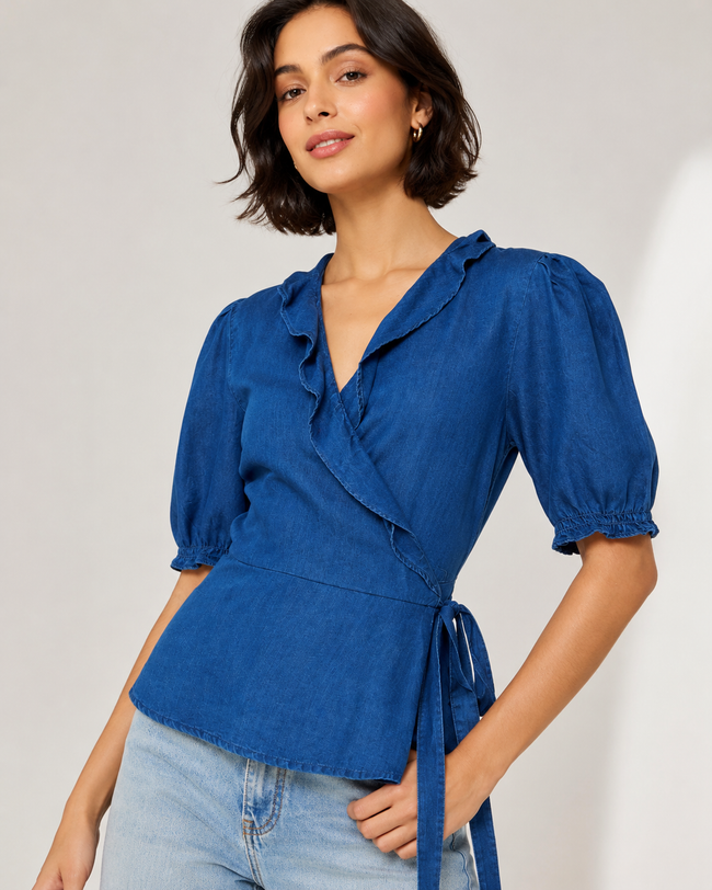 Women Blue Wrap Around Top