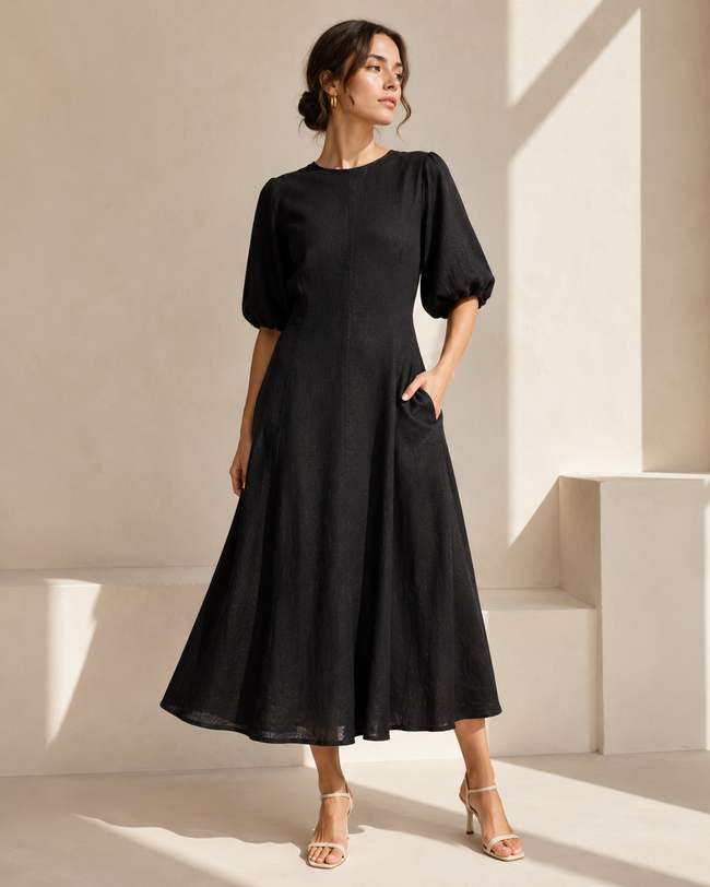 Women Black Linen Blend Dress