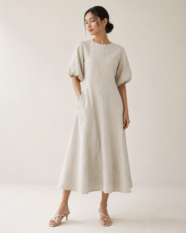 Women Beige Linen Blend Dress