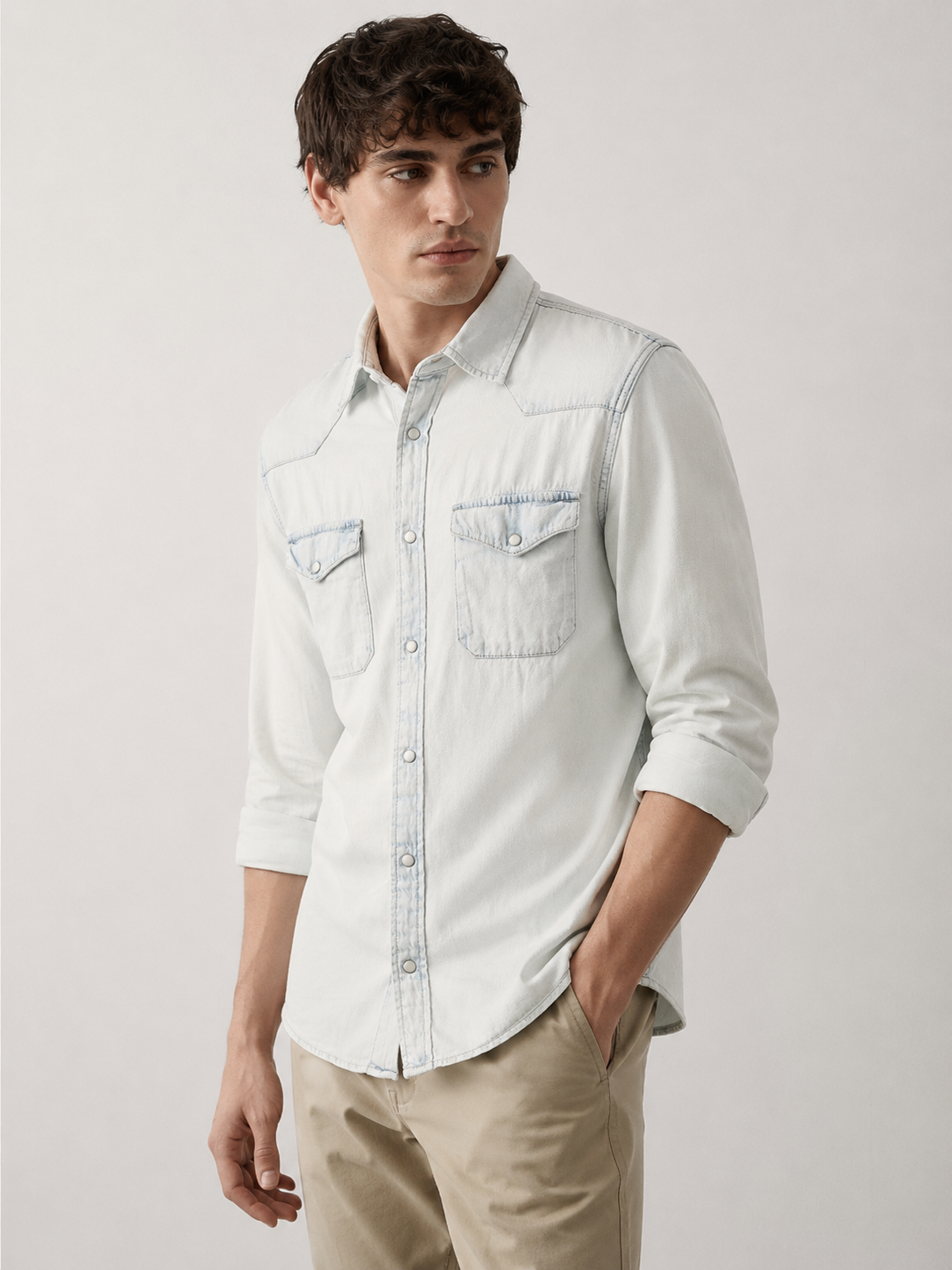 Men Denim Light Blue Shirt with Two Pockets