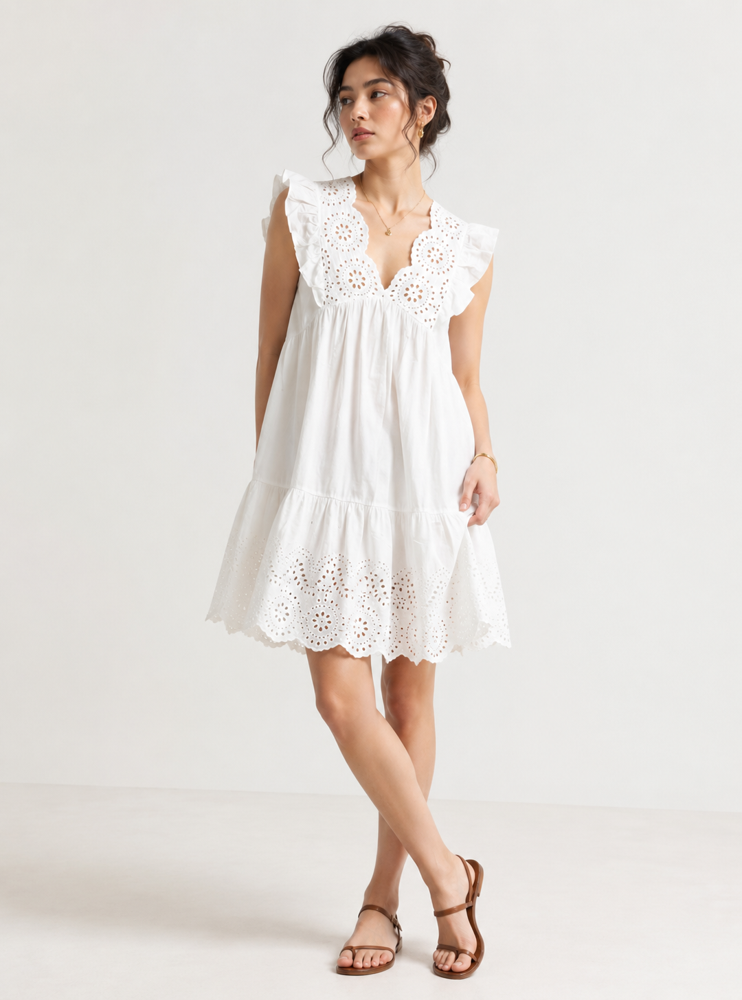 Women White Schiffli Flared Dress