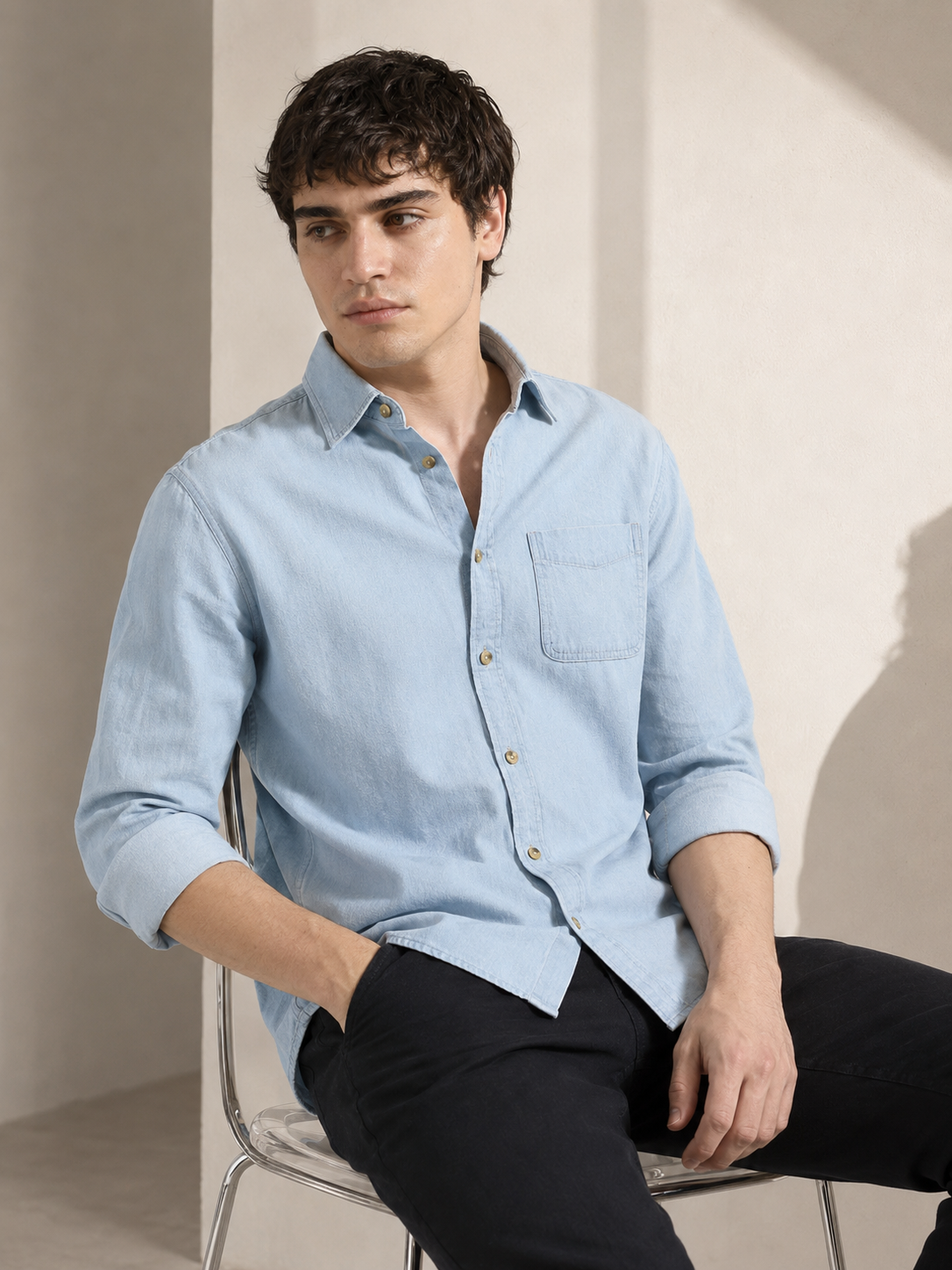 Men Light Blue Denim Casual Shirt