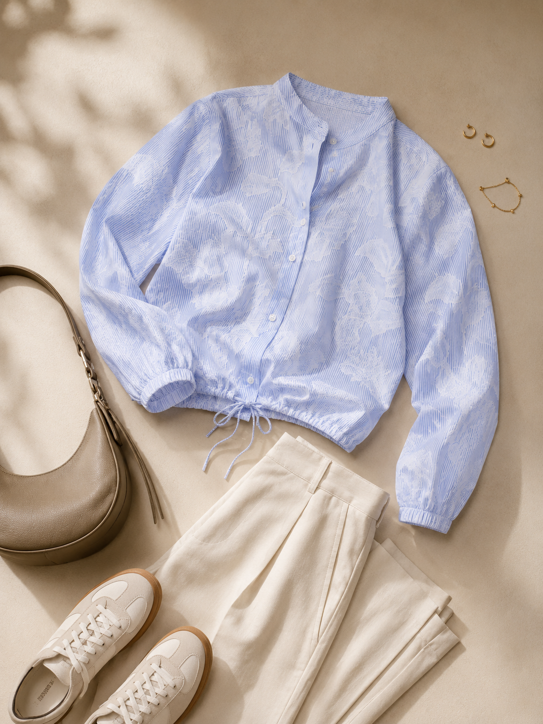 Women Blue Floral Drawstring Shirt