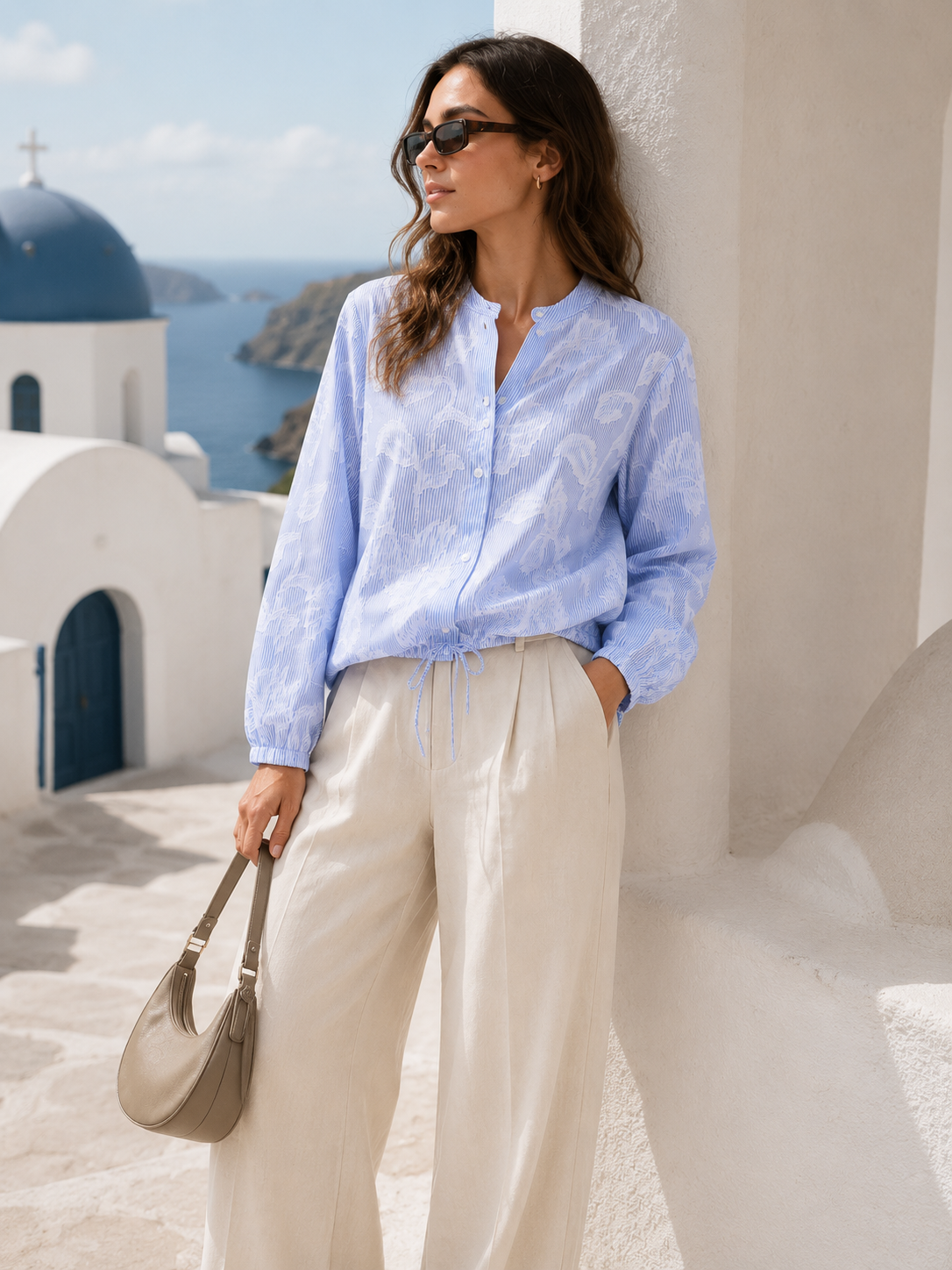 Women Blue Floral Drawstring Shirt