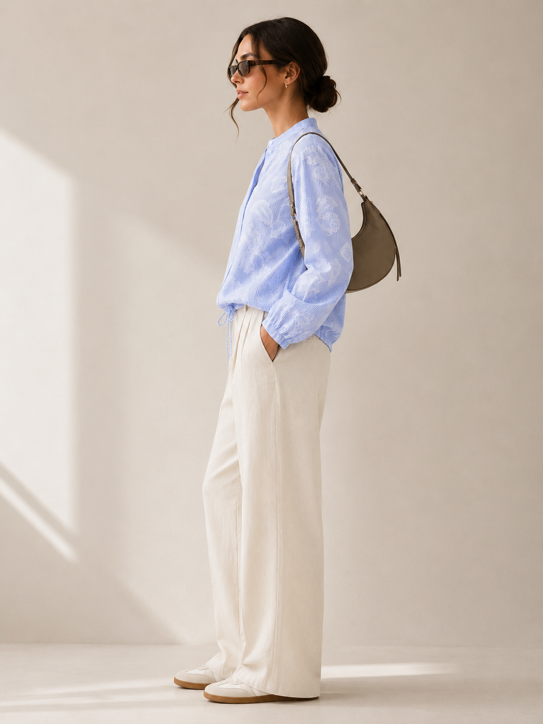 Women Blue Floral Drawstring Shirt