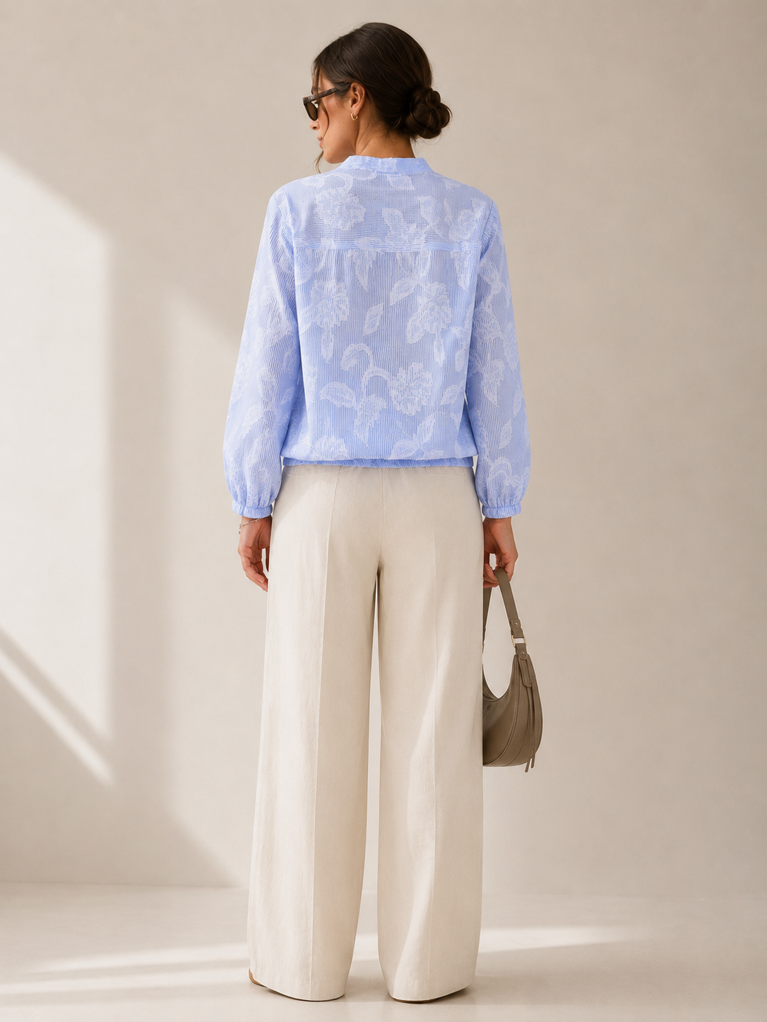 Women Blue Floral Drawstring Shirt