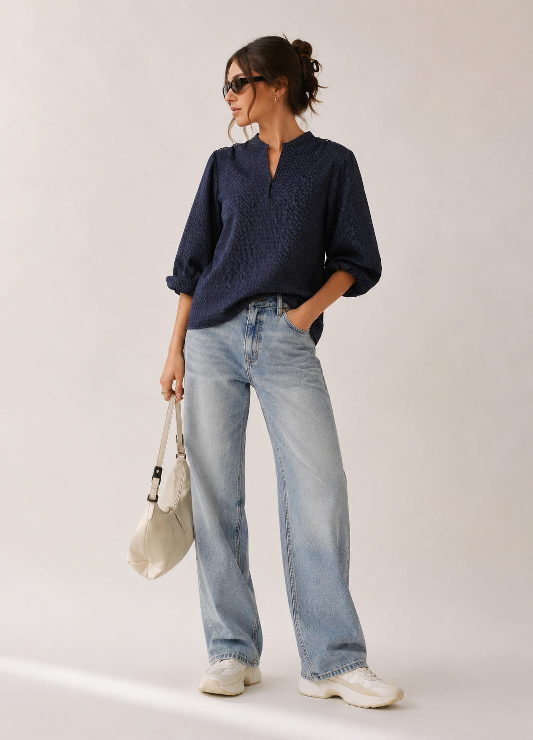 Women Navy Textured Balloon Sleeve Top